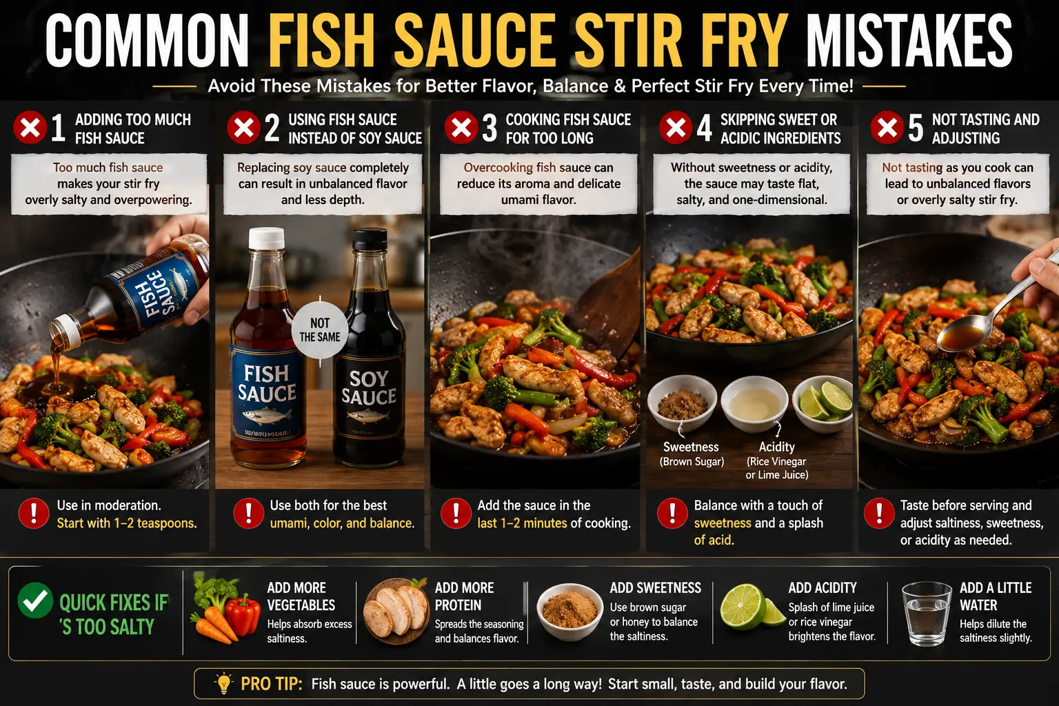 Common mistakes when making fish sauce stir fry including adding too much fish sauce, overcooking the sauce, and skipping flavor balance