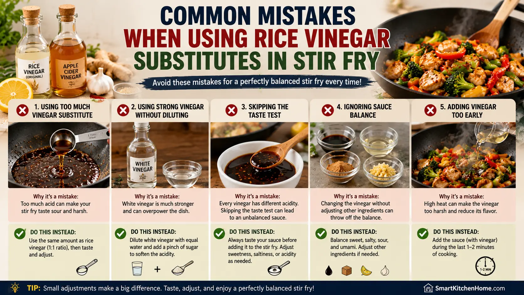Common mistakes when using rice vinegar substitutes in stir fry including too much vinegar and unbalanced sauce
