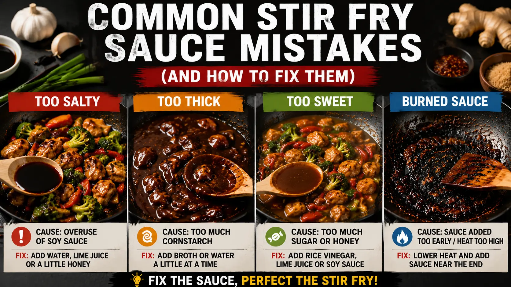 Common stir fry sauce mistakes including sauce that is too salty, too thick, too sweet, and burned during cooking