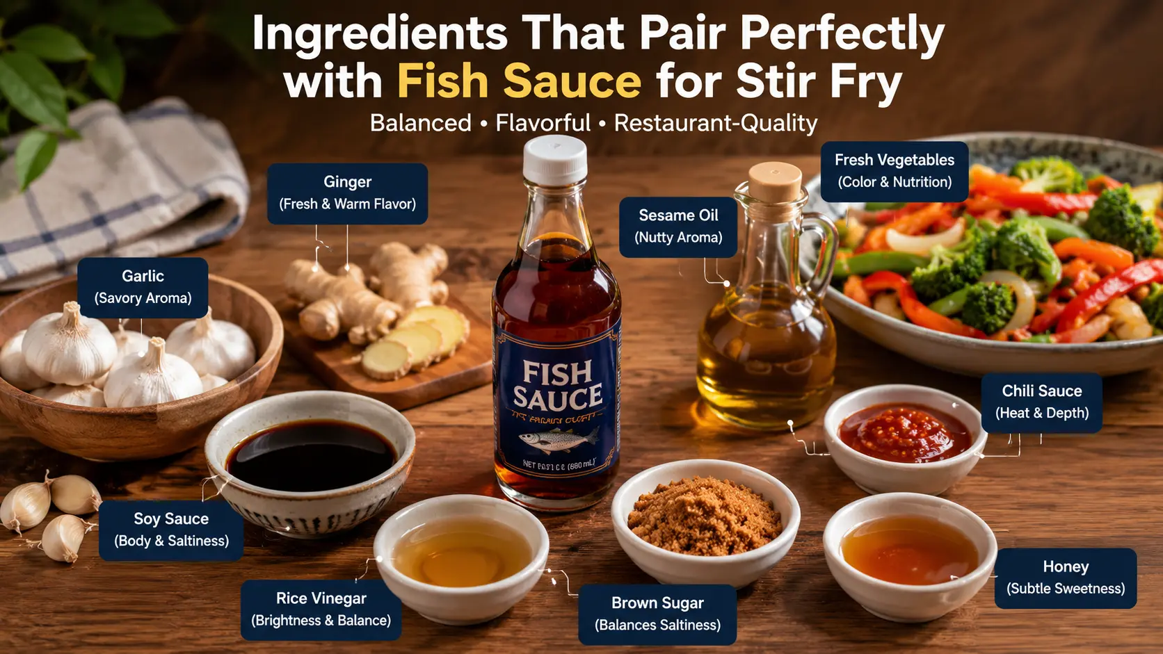 Ingredients commonly combined with fish sauce for a balanced stir fry sauce including soy sauce garlic ginger brown sugar and rice vinegar