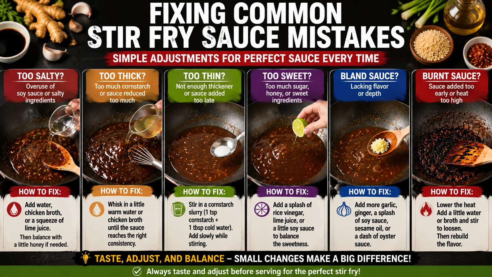 Fixing common stir fry sauce mistakes by adjusting thickness, seasoning, sweetness, and consistency in a wok