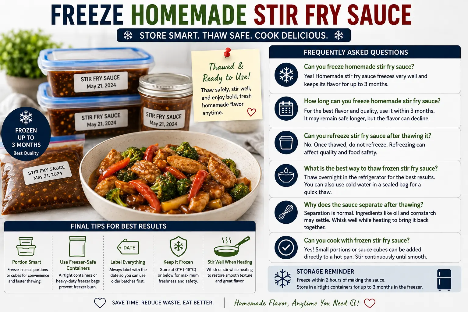 Frozen homemade stir fry sauce thawed and ready to use with frequently asked questions and final storage tips