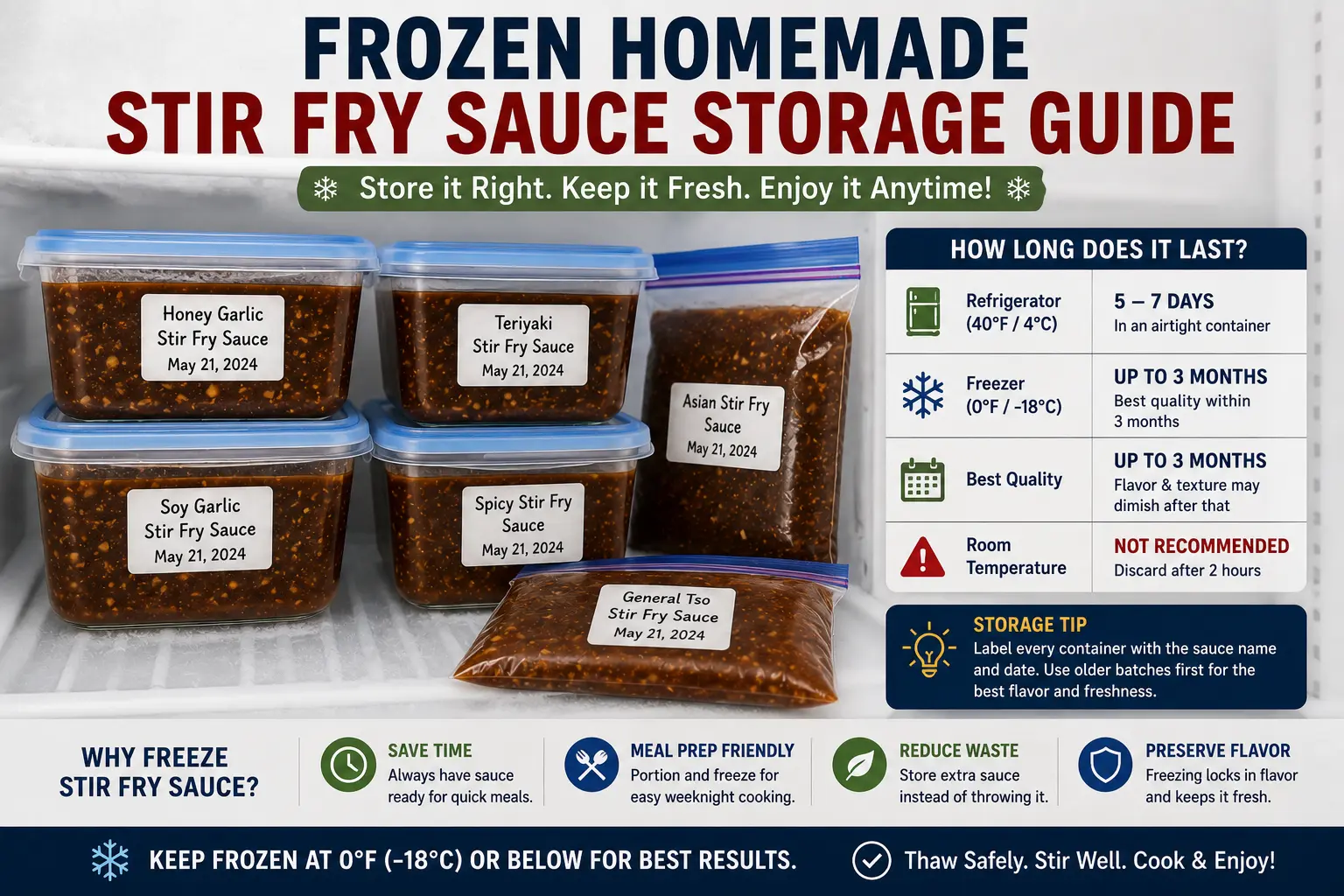 Homemade stir fry sauce stored in labeled freezer-safe containers showing recommended freezer storage time
