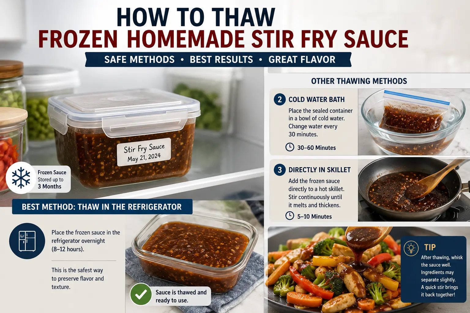Frozen homemade stir fry sauce thawing safely overnight in the refrigerator before cooking