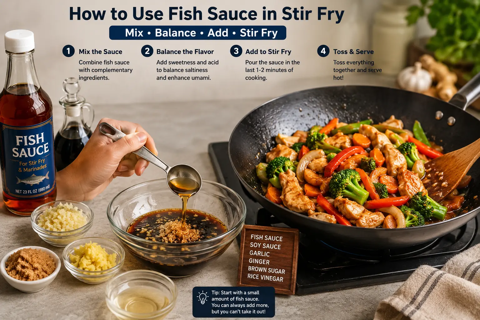 Mixing fish sauce with soy sauce garlic ginger and brown sugar before adding it to a chicken stir fry