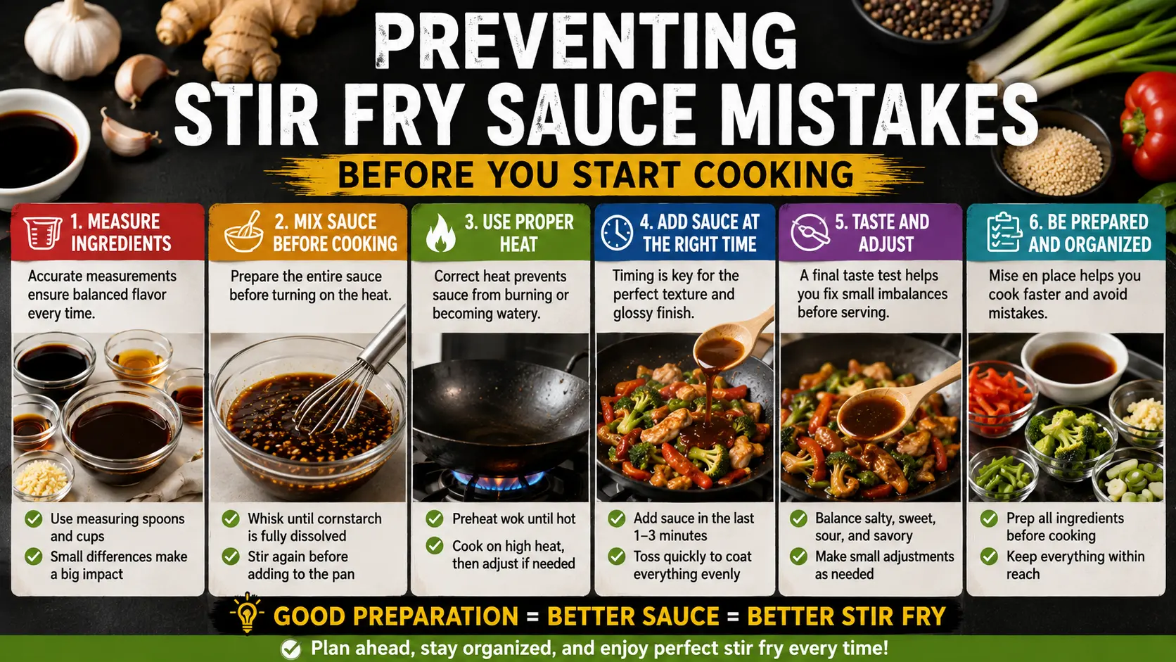 Preparing stir fry sauce ingredients correctly before cooking to prevent common stir fry sauce mistakes