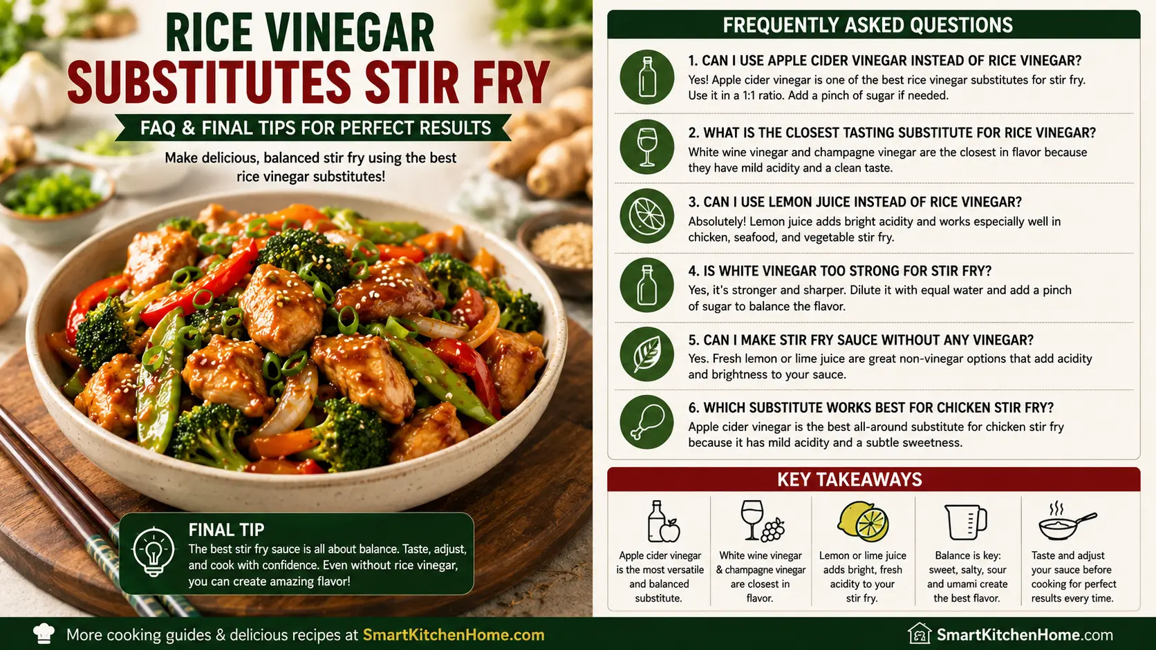 Perfect homemade chicken stir fry made with a rice vinegar substitute alongside frequently asked questions and final cooking tips