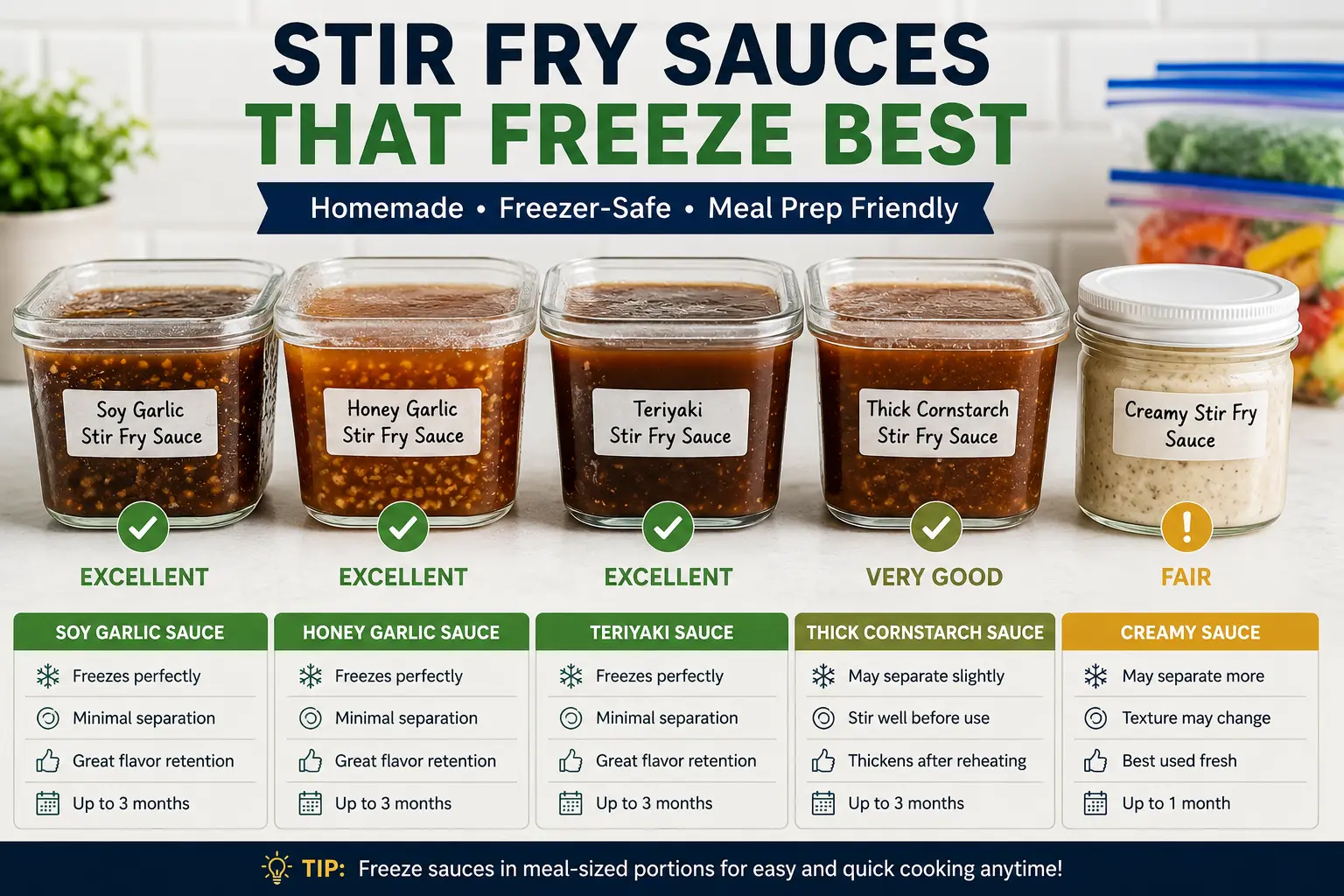 Different homemade stir fry sauces stored in freezer-safe containers showing which sauces freeze best