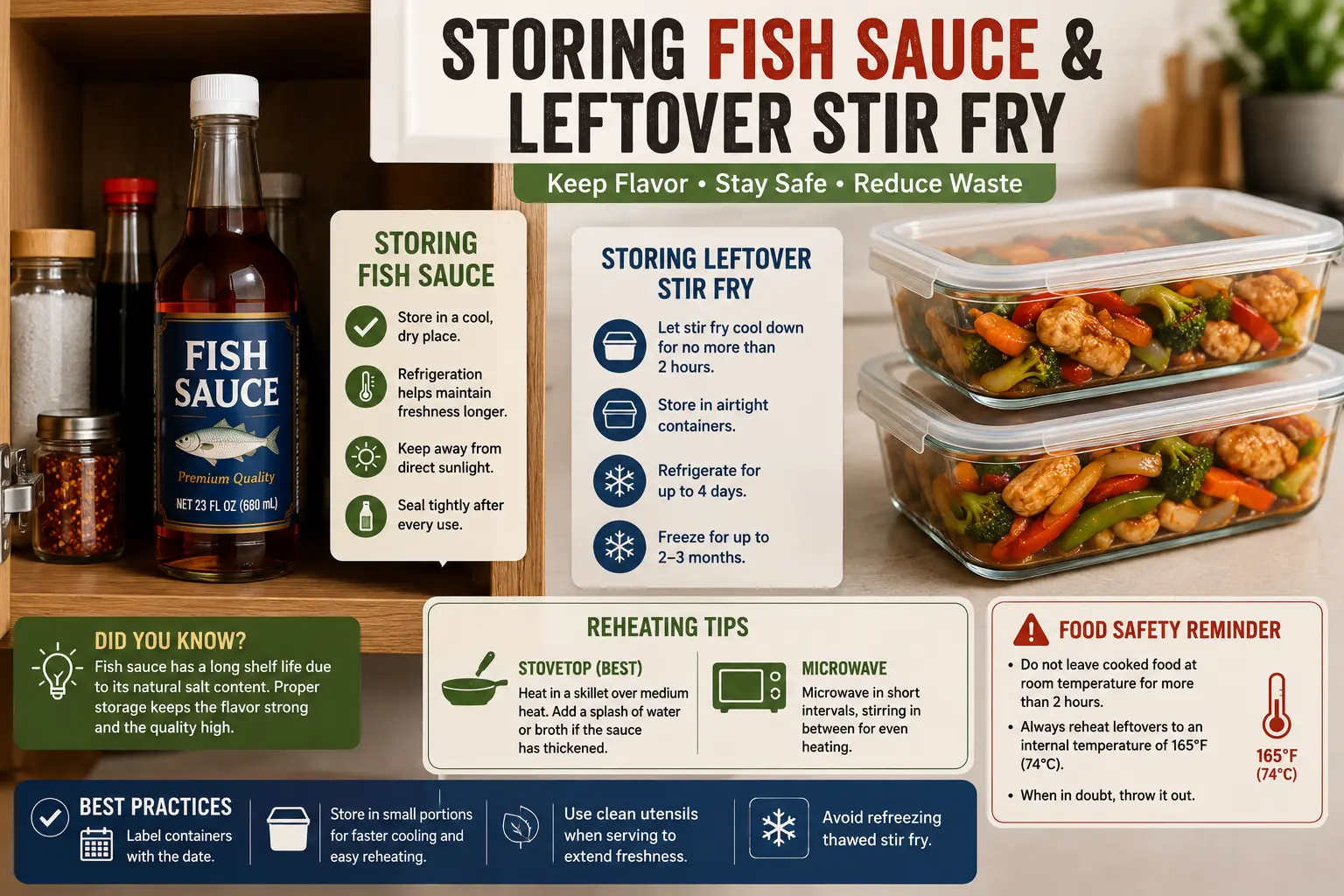 Fish sauce bottle stored in a kitchen cabinet with leftover chicken stir fry packed in airtight containers for refrigeration