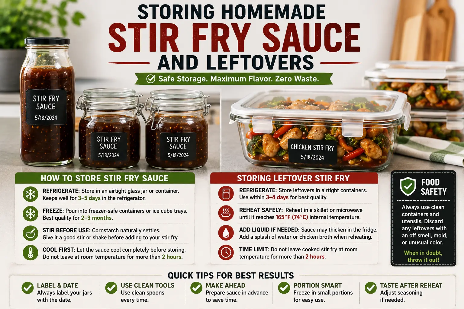 Homemade stir fry sauce stored in airtight glass jars with leftover chicken stir fry safely refrigerated