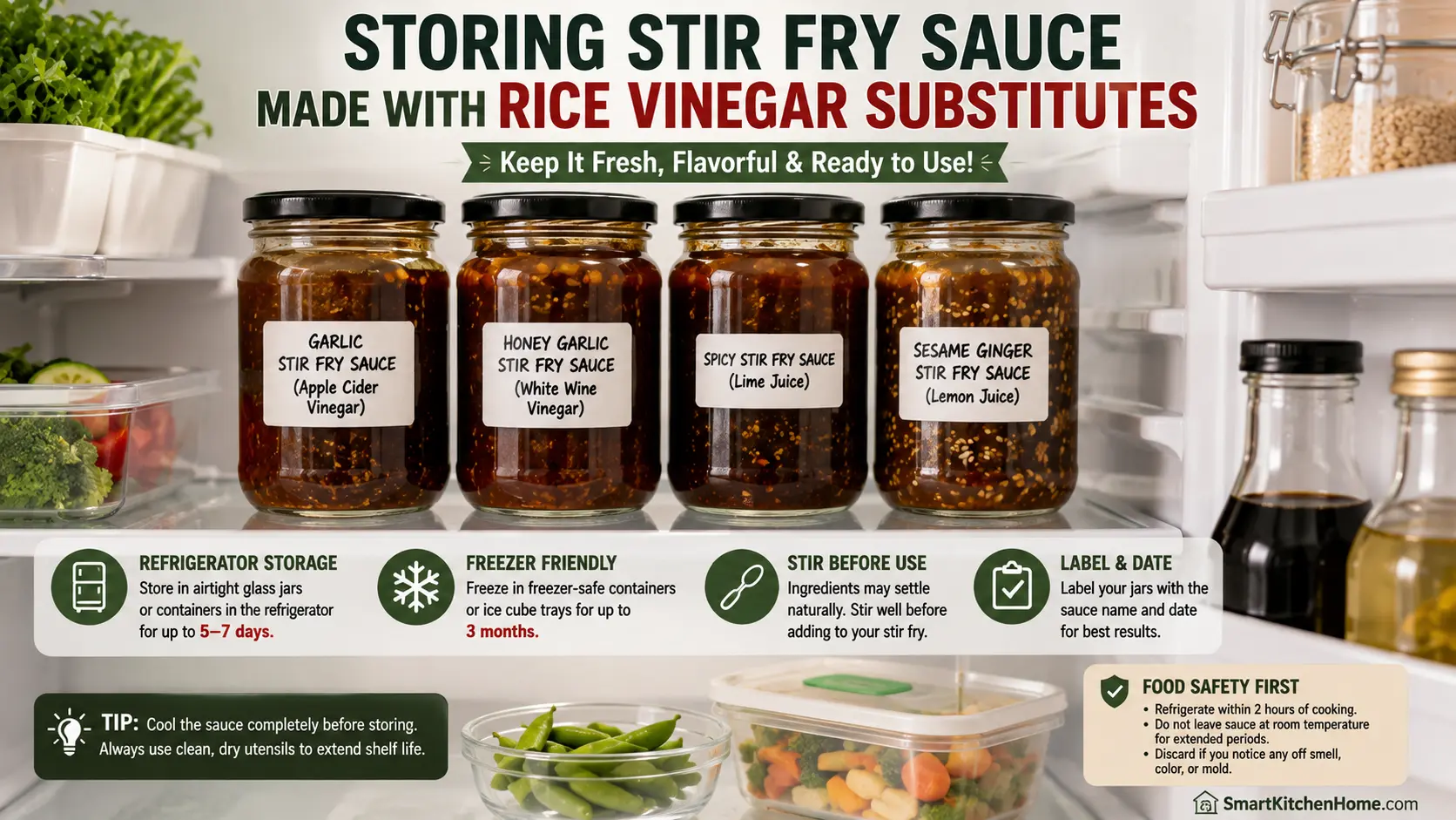 Homemade stir fry sauce made with rice vinegar substitutes stored in airtight glass jars in the refrigerator